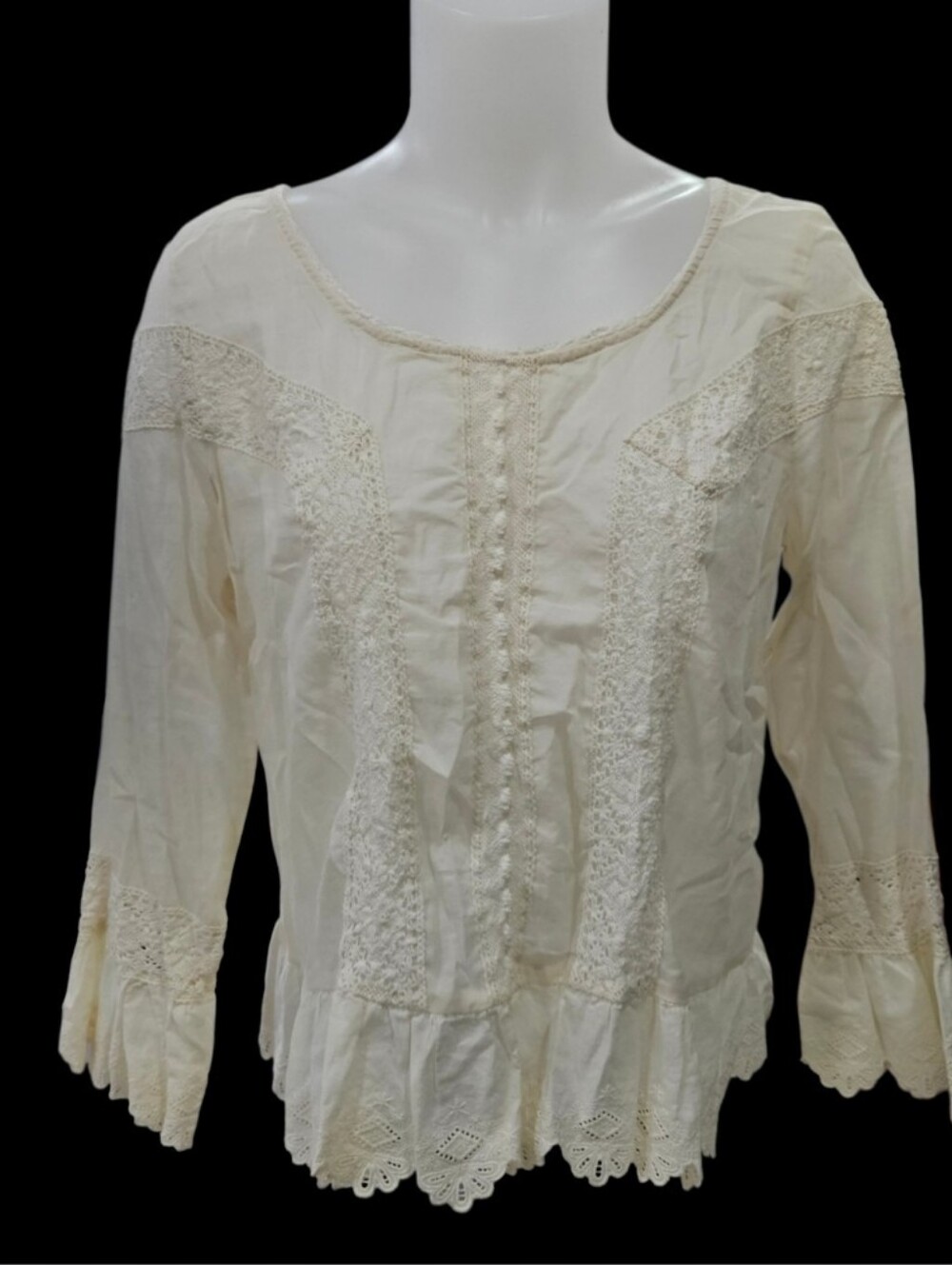 Free People Sz M Cream Ivory Lace Crochet Ruffle Zip Back Top Boho Semi Sheer